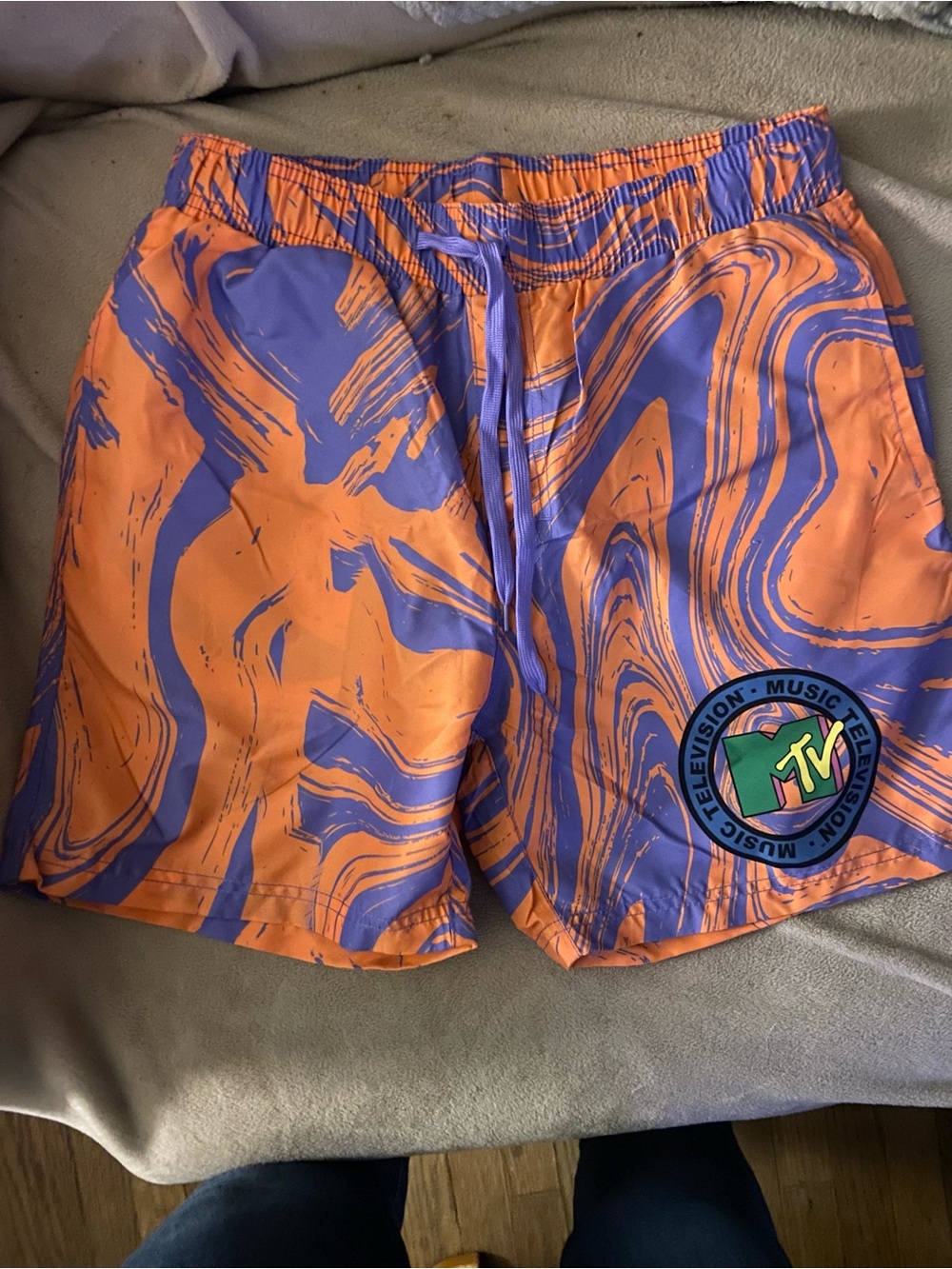 MTV Orange and Purple Marble-Print Athletic Shorts